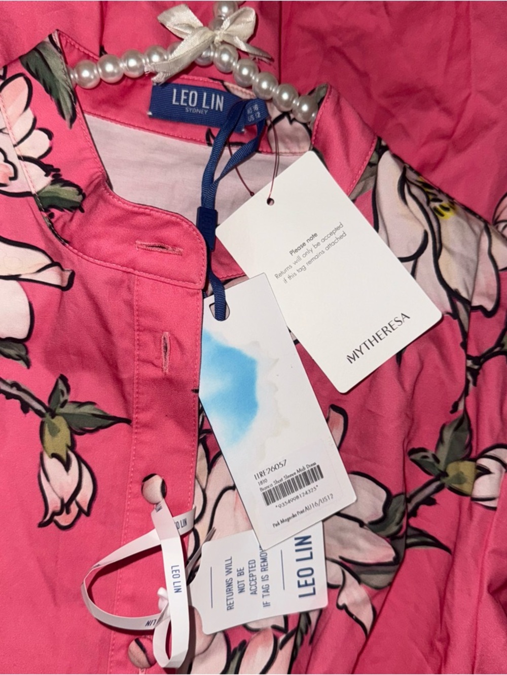LEO LIN BIANCA SHORT SLEEVE MIDI DRESS IN PINK MAGNOLIA PRINT - Picture 6 of 17